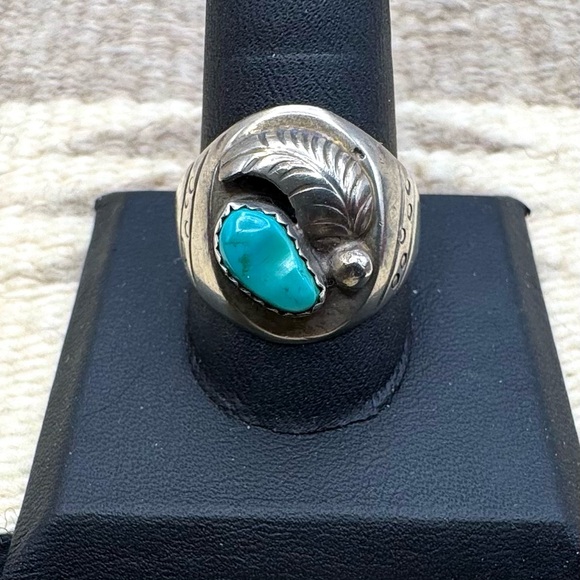 Native American Other - Signed Navajo Native American Sterling Silver Blue Turquoise Mens Ring 11.25